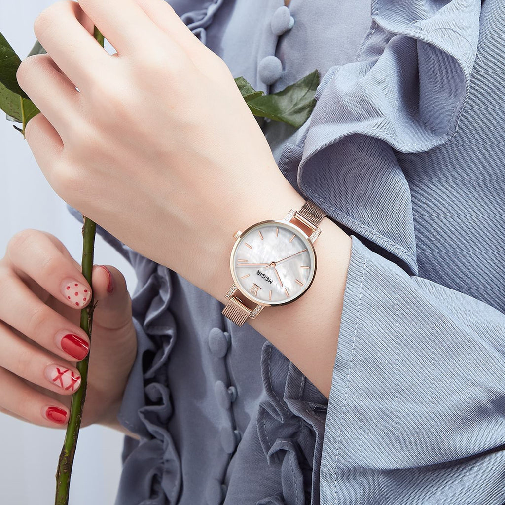 MEGIR Fashion Quartz Women Bracelet Watches Luxury Casual Ladies Dress Clock Female Steel Mesh Band Wristwatch Relogio Feminino 7002