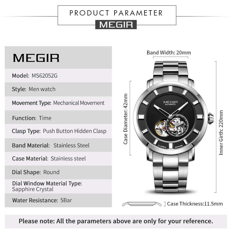 MEGIR Men Watch Hollow Out Automatic Mechanical Stainless Steel Wristwatch Waterproof Luxury Business Wrist Watch Montre Homme 62052