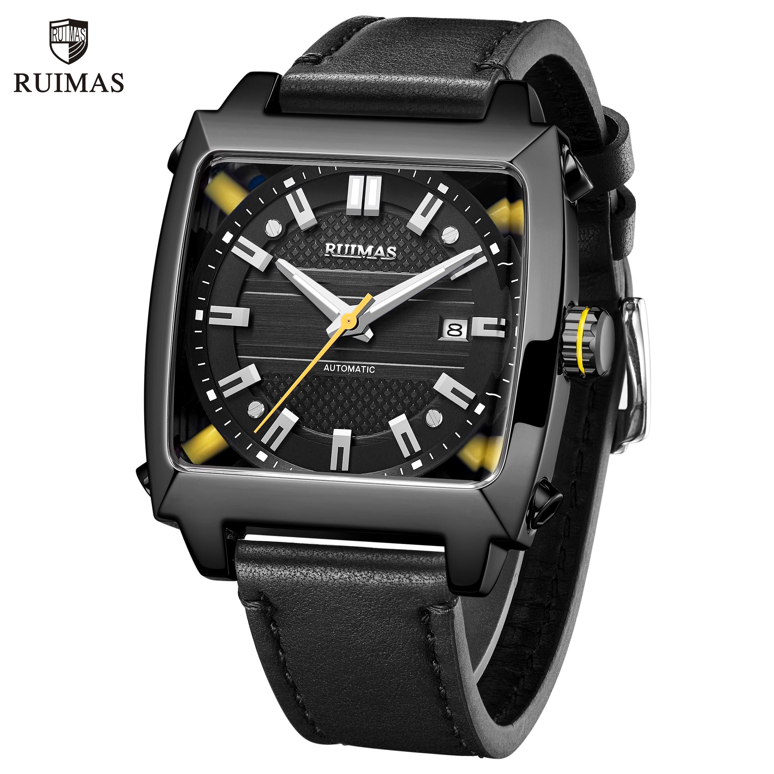 RUIMAS Men's Watches Luxury Automatic Mechanical Wrist Watches Calendar Sapphire Leather Chronograph for Man Reloj Hombre 6763