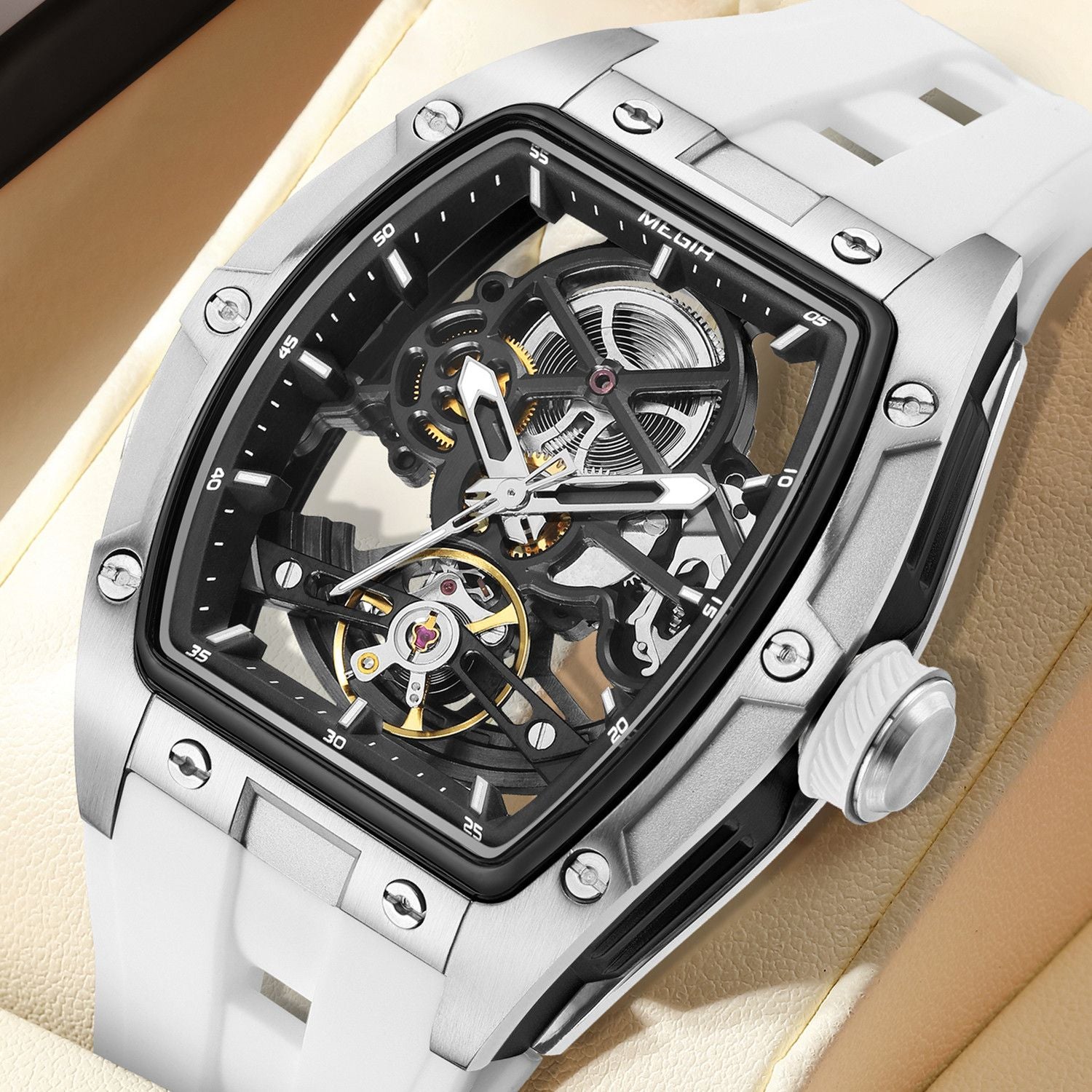 MEGIR Original Fashion Men Watches Automatic Mechanical Watch Steel Case Sport Skeleton Dial Wristwatch Waterproof Clock Reloj Hombre 2242