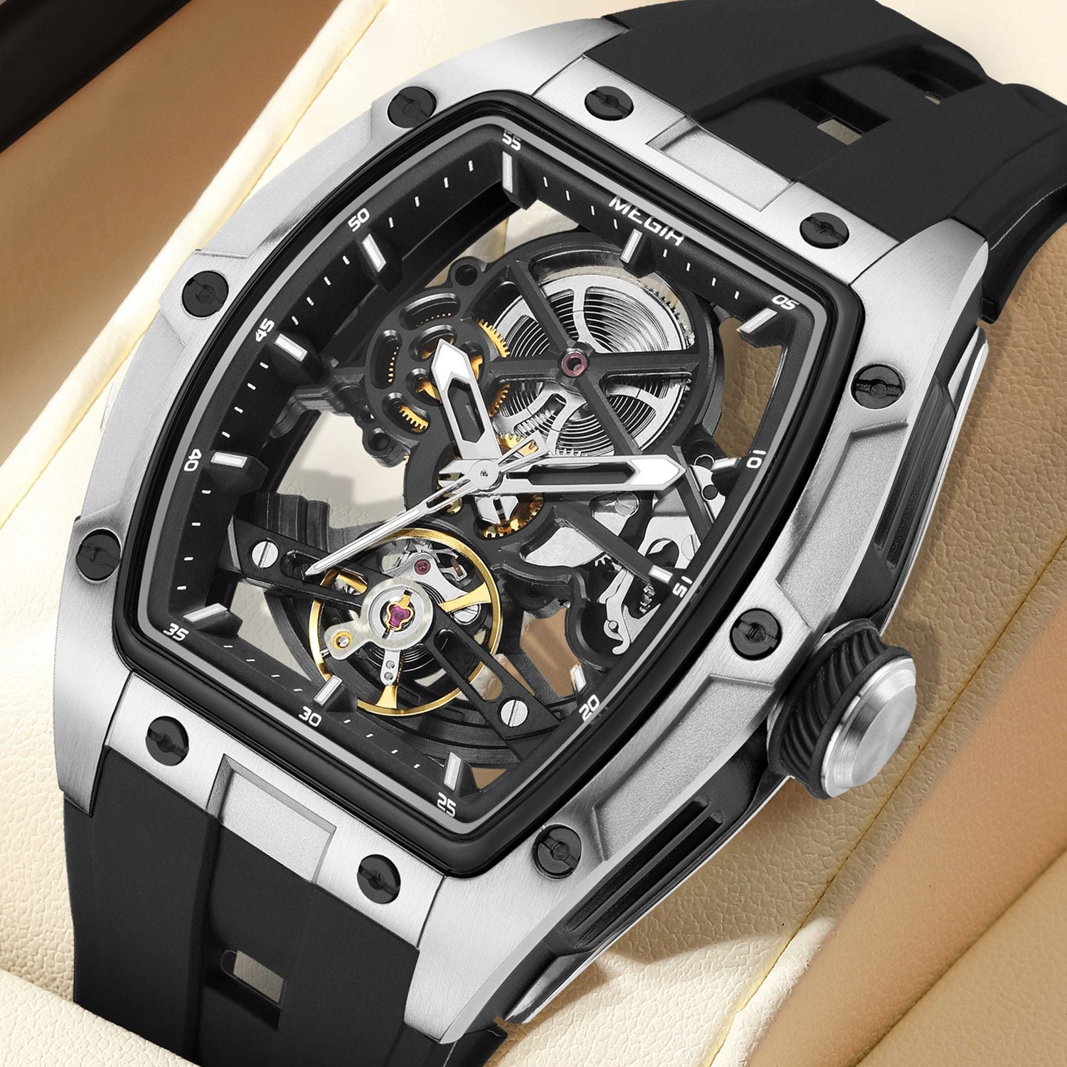 MEGIR Original Fashion Men Watches Automatic Mechanical Watch Steel Case Sport Skeleton Dial Wristwatch Waterproof Clock Reloj Hombre 2242