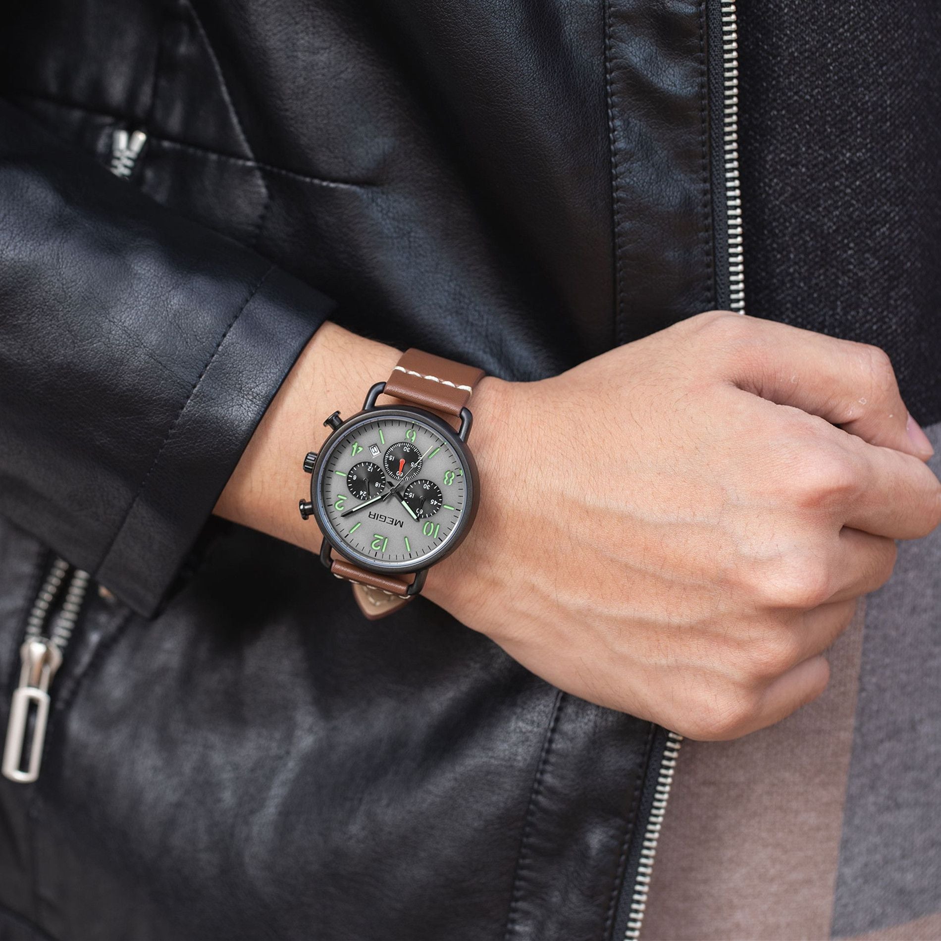 MEGIR Fashion Mens Watches Luxury Sport Quartz Wrist Watch Steel Mesh Business Casual Watches Calendar Leather Band Man Clock 2158