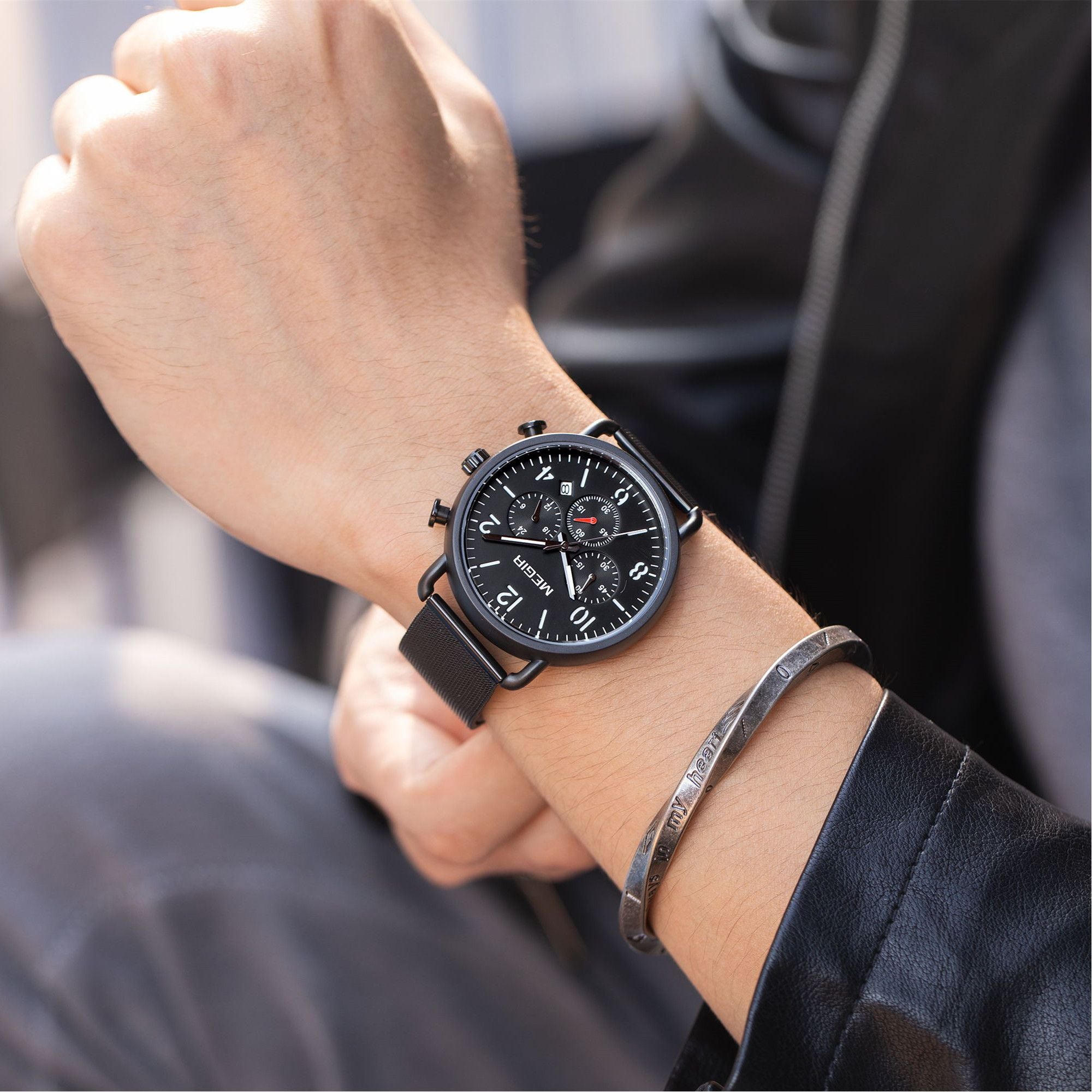 MEGIR Fashion Mens Watches Luxury Sport Quartz Wrist Watch Steel Mesh Business Casual Watches Calendar Leather Band Man Clock 2158
