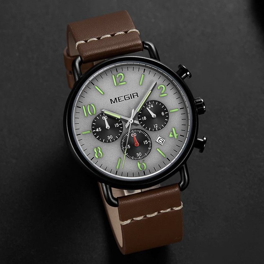 MEGIR Fashion Mens Watches Luxury Sport Quartz Wrist Watch Steel Mesh Business Casual Watches Calendar Leather Band Man Clock 2158